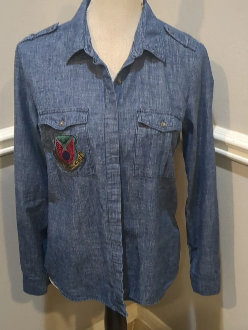 Banana Republic Blue Chambray Long-Sleeve Pocket Shirt  With Military Patch